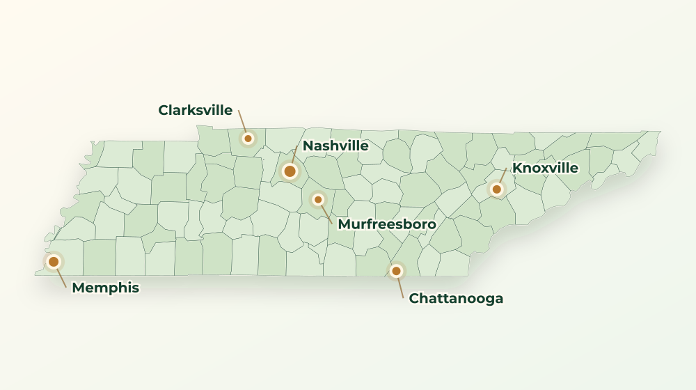 Accurate Tennessee land service area map with county boundaries and major city labels
